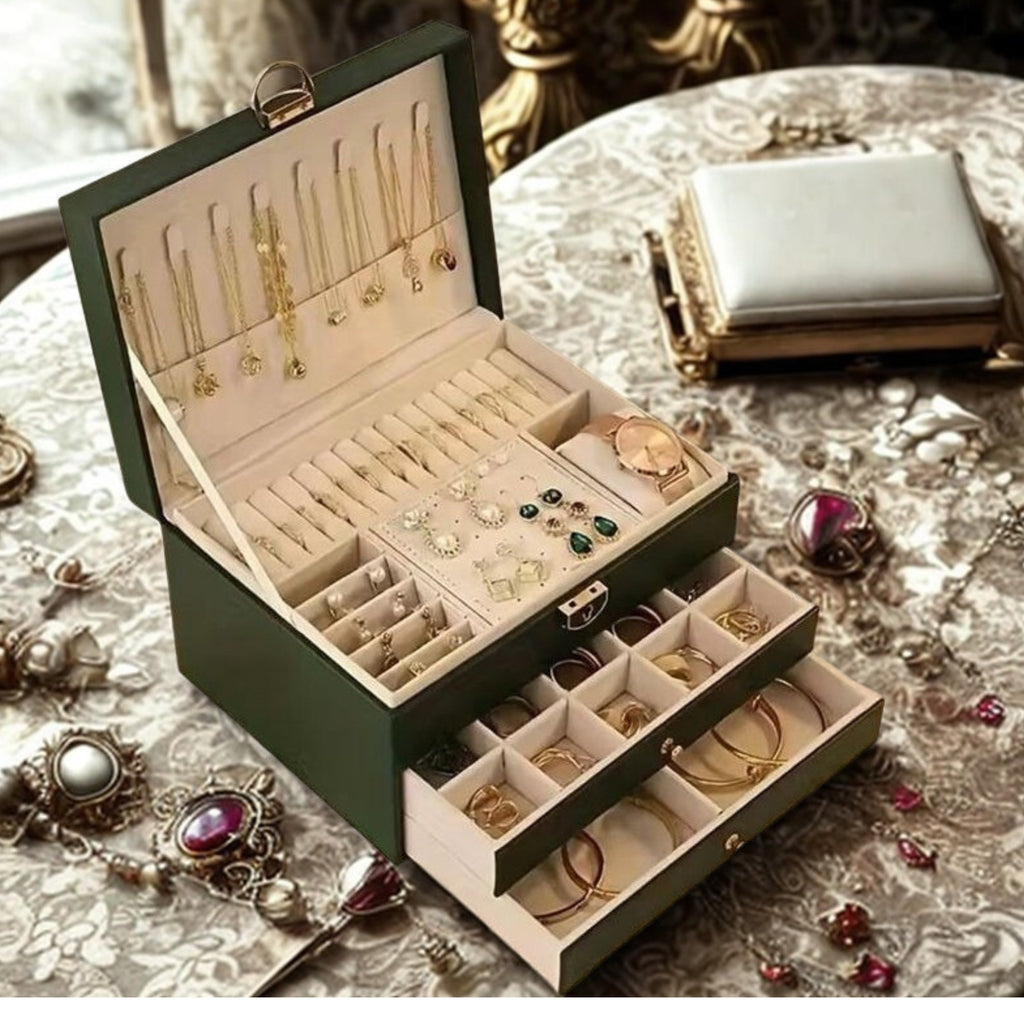 Large Capacity 3-Layer Jewelry Box with Lock & Key – Leather Display Case