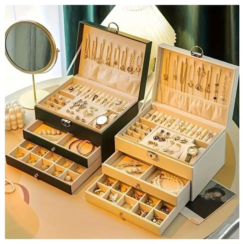 Large Capacity 3-Layer Jewelry Box with Lock & Key – Leather Display Case