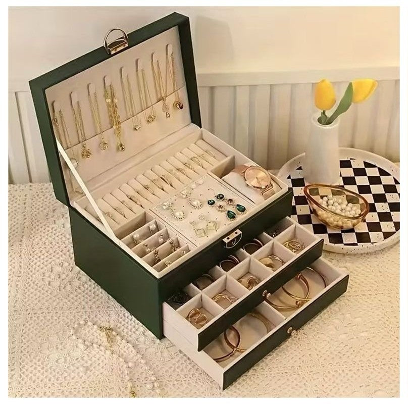 Large Capacity 3-Layer Jewelry Box with Lock & Key – Leather Display Case
