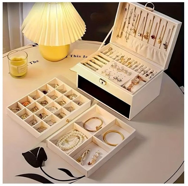 Large Capacity 3-Layer Jewelry Box with Lock & Key – Leather Display Case